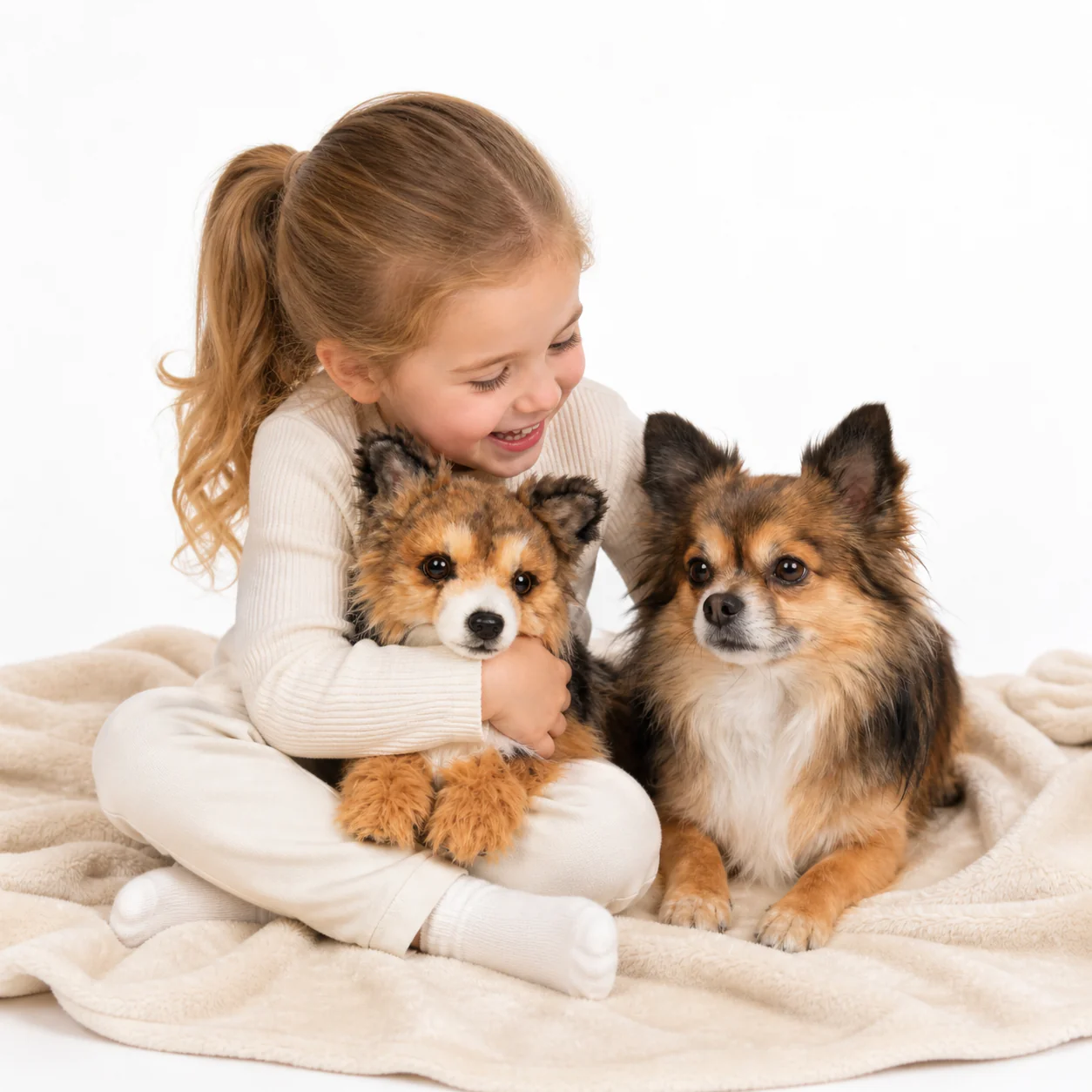 Girl hugging plush clone with her dog