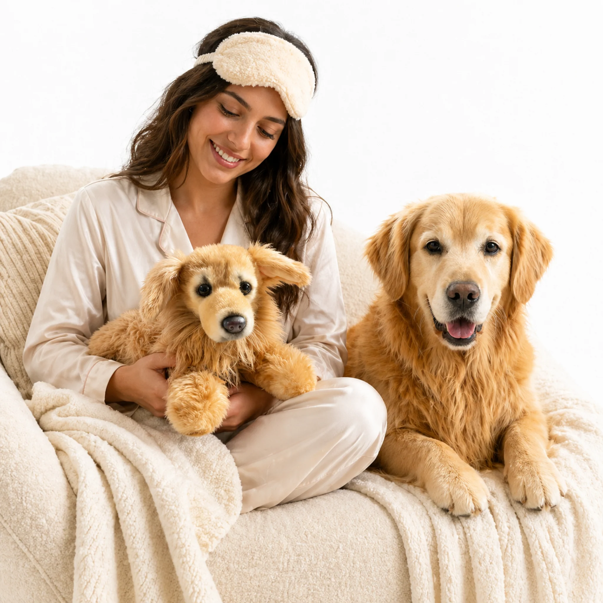 Woman with golden retriever and plush clone